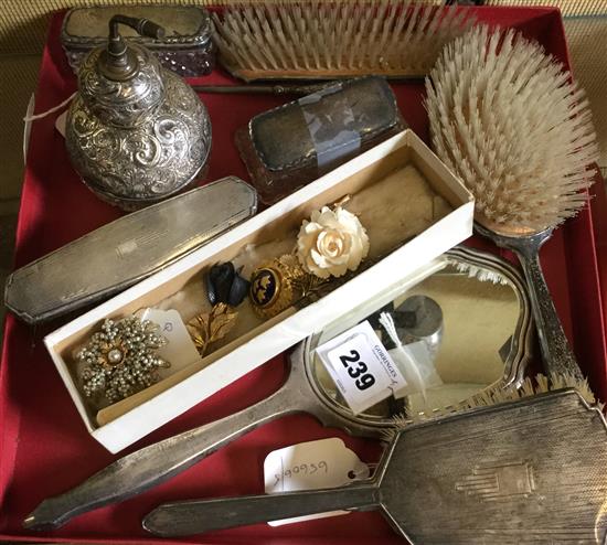 Silver-mounted cut glass atomiser, 2 similar boxes, silver-mounted dressing table sets, etc